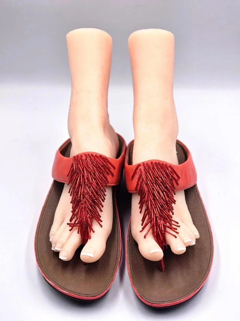 FitFlop Women's Orange Leather Cha Cha Beaded Fringe Thong Sandals Size 10 3341 - Picture 6 of 16